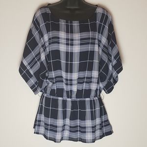 Navy Blue Plaid Dolman Dleeve Top